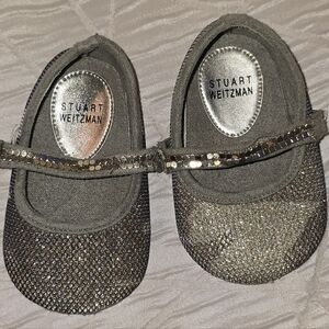 Stuart Weitzman Baby Glitter Ballet Flats UK 5, Silver Mary Jane Dress Shoes